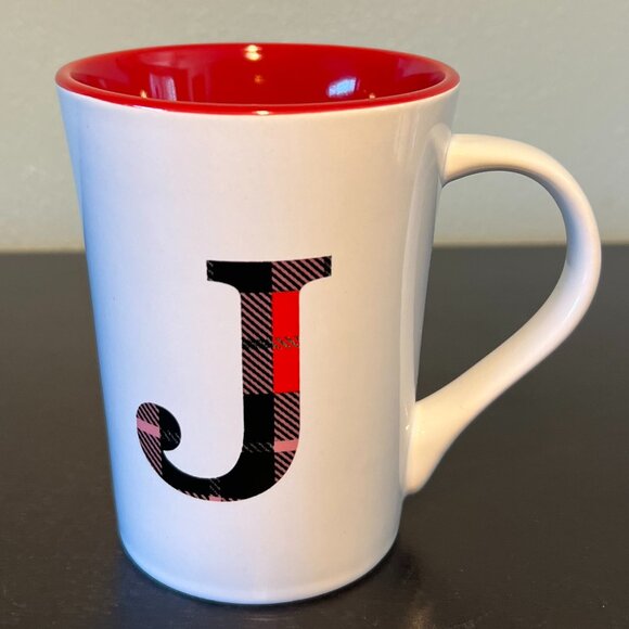 SIGNATURE Red Scottish Tartan Plaid Letter J Initial Monogram Stoneware Mug - Picture 2 of 7
